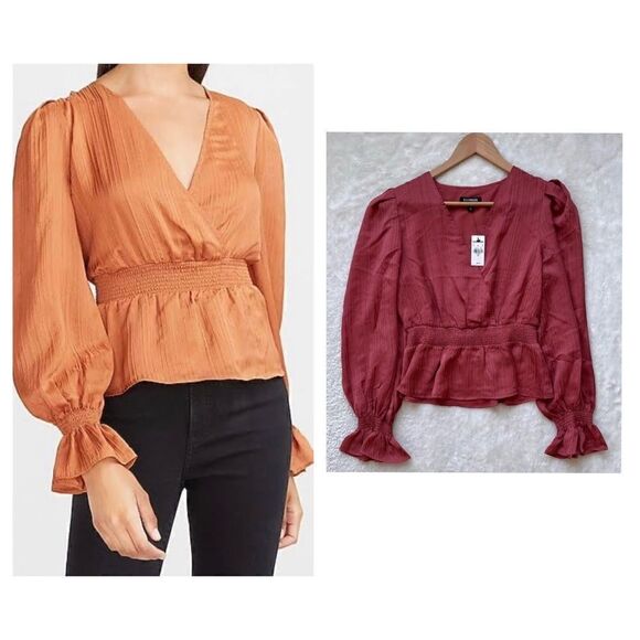 NWT Express Textured Satin Smocked Peplum Top - Picture 1 of 15